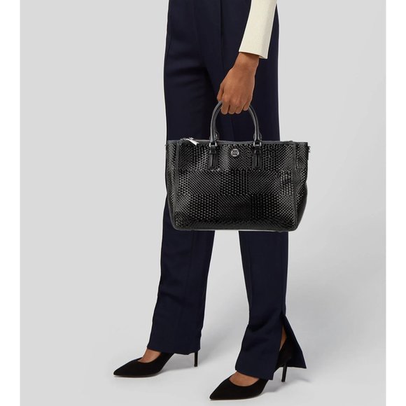 Tory Burch Robinson Black Tote Basketweave Saffiano Leather Large Handbag Bag NW - Picture 8 of 9